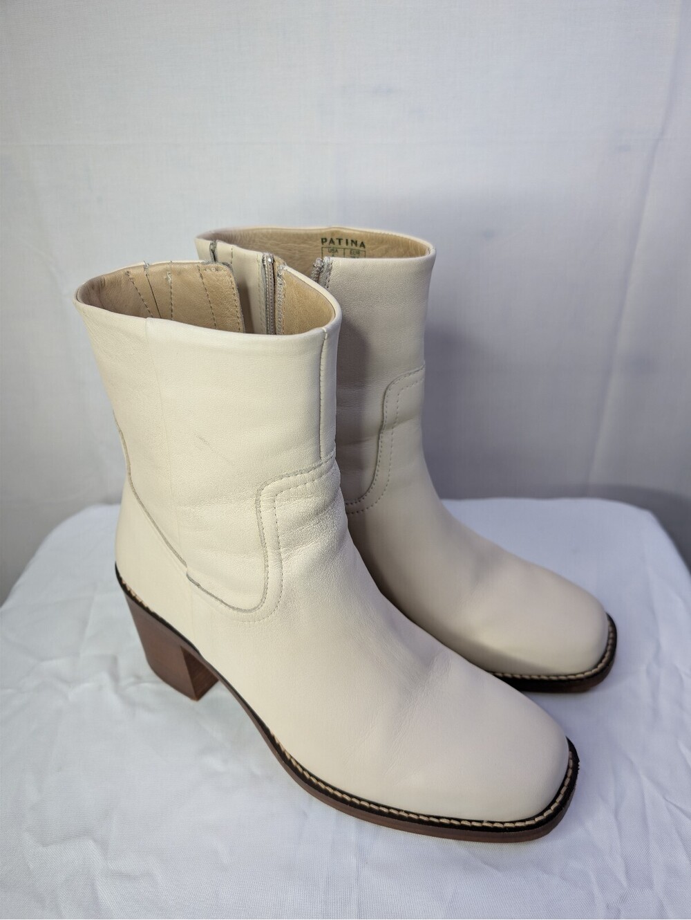 Patina Cream Leather Mid-Calf Boots with Wooden Block Heel Size 8